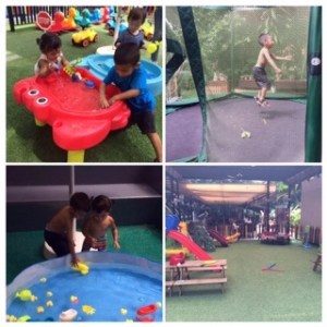 (Top left clockwise) - Drenched at the water table. 'Drying' off on the trampoline. JahBella getting water play out of their system. The rest of the garden toys. 